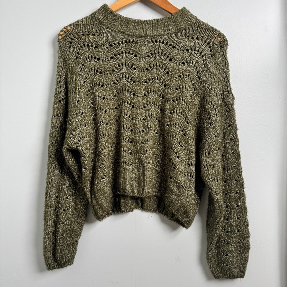 Urban Outfitters Sweaters - Urban Outfitters Knit Sweater Olive Green Open Weave Cropped Pullover‎ Small